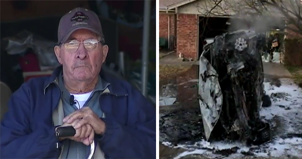 When A Car Bursts Into Flames In The Front Lawn Of An 85-Year-Old Man Who Walks With A Cane, He Rushes To Help.